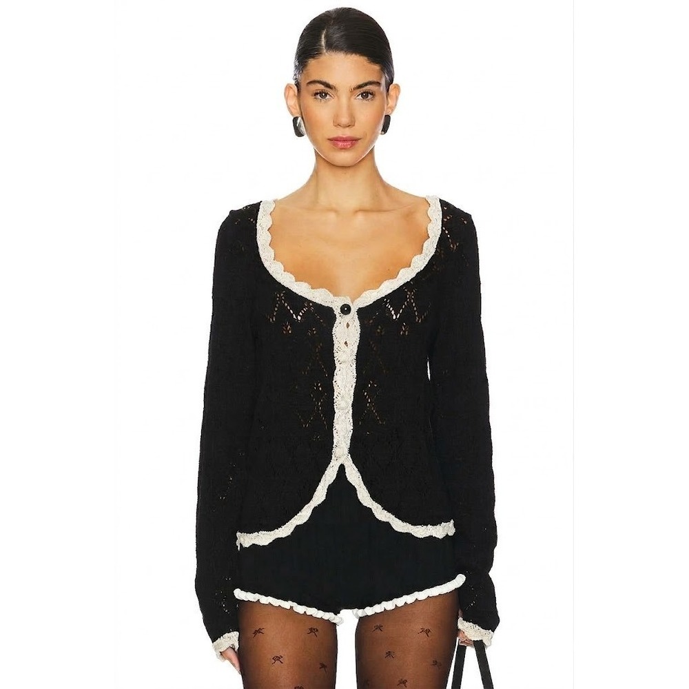 Free People Adelene Croched Knit Cardigan in Black Cream Combo Women's Size XL